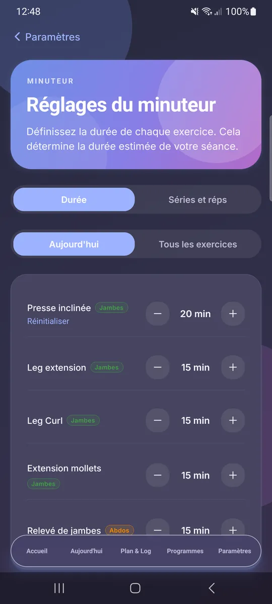Réglages de minuterie par exercice