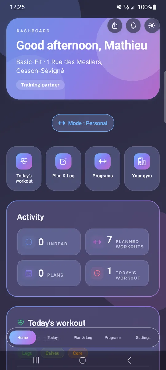 WorkItOut Home Dashboard