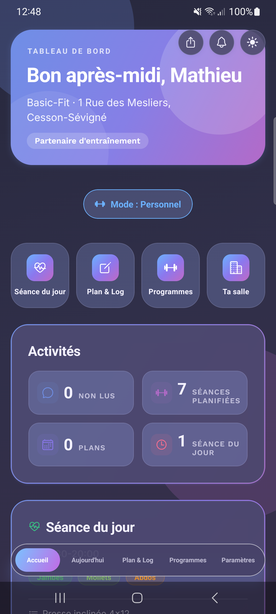 Tableau de bord WorkItOut
