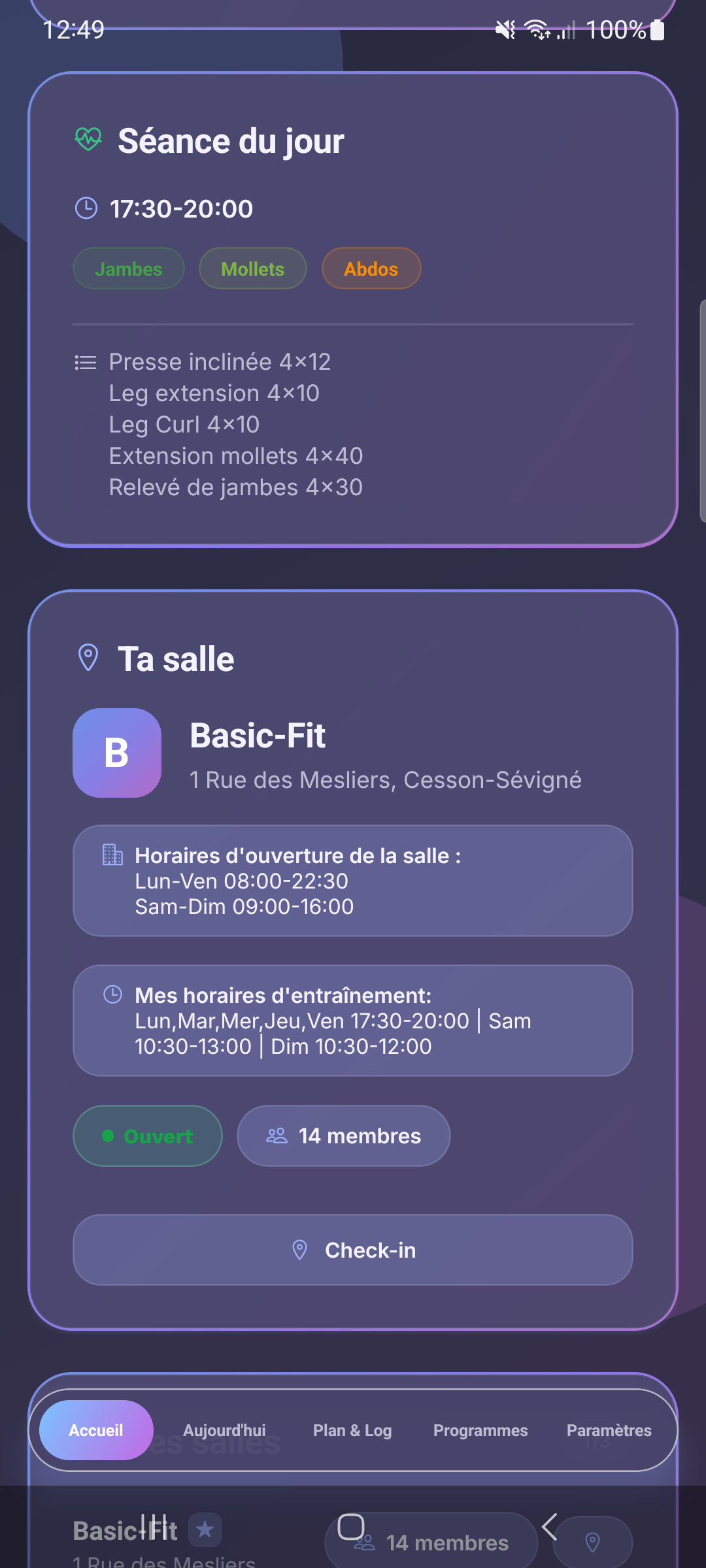 Carte de la salle avec horaires