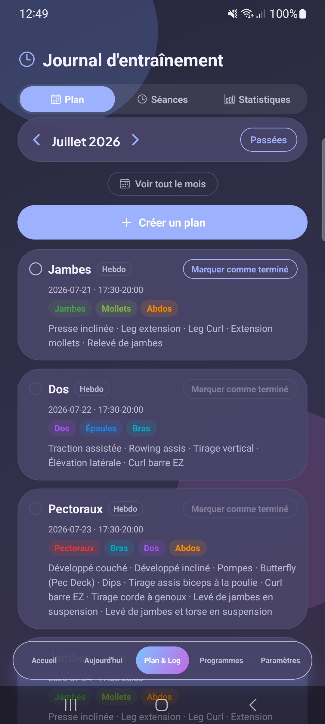 Vue Plan hebdomadaire