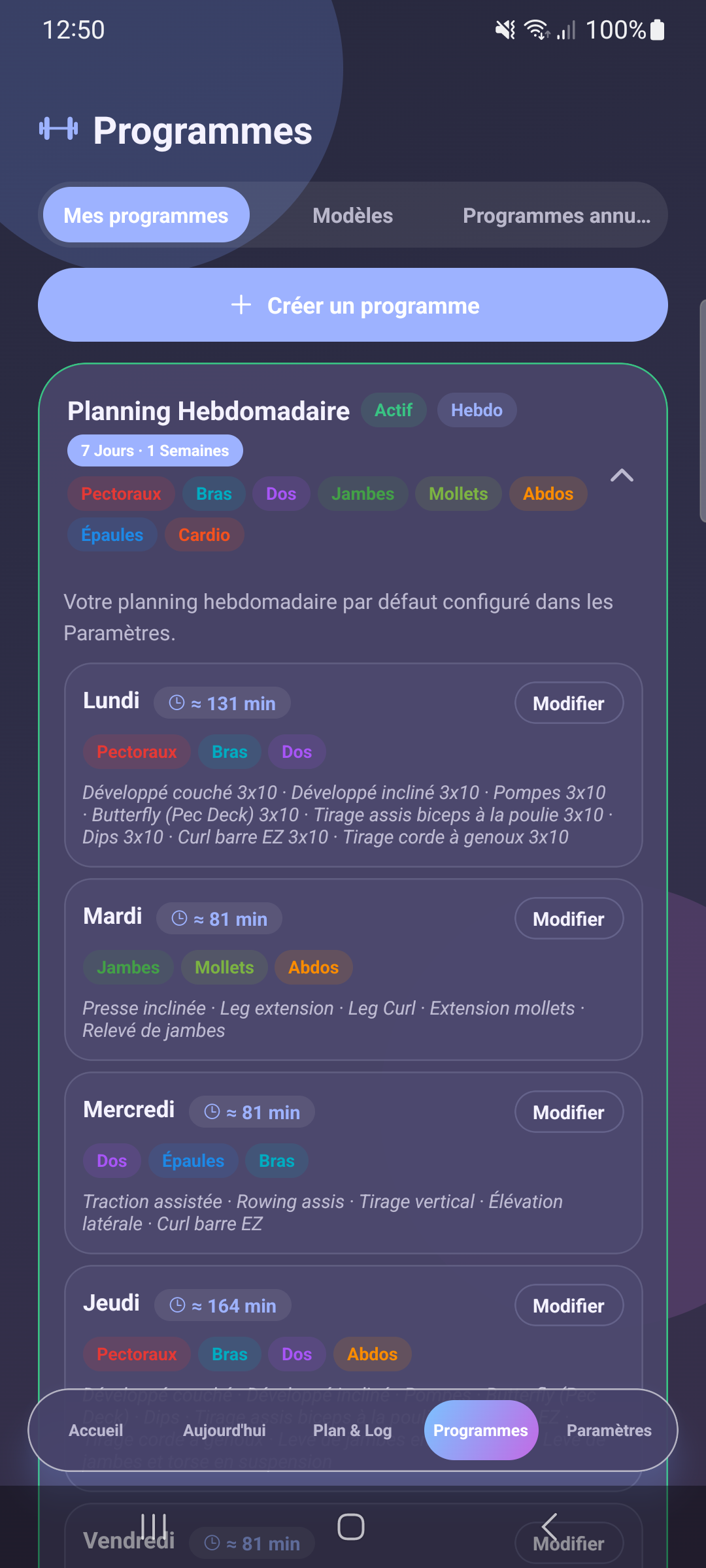 Détail d'un programme hebdomadaire