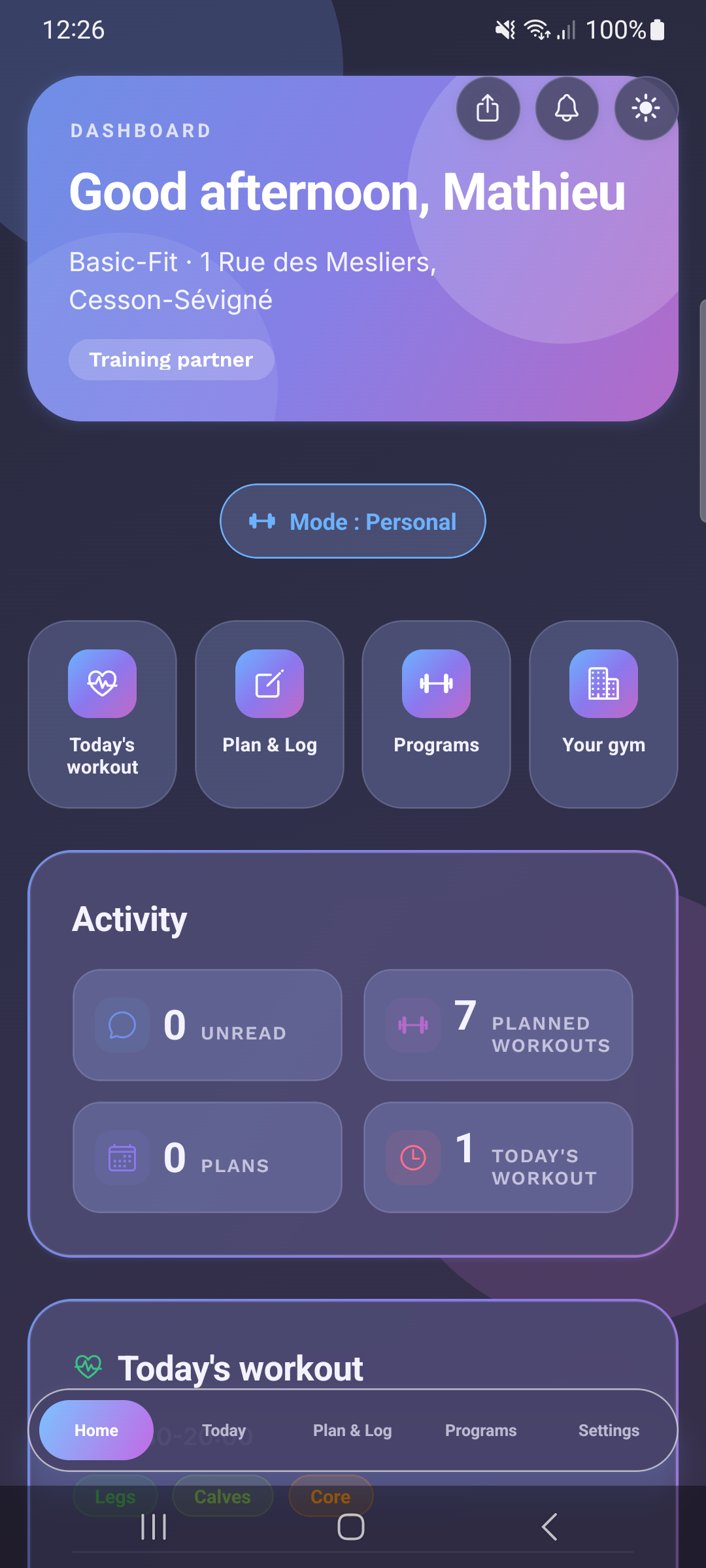 WorkItOut Home Dashboard