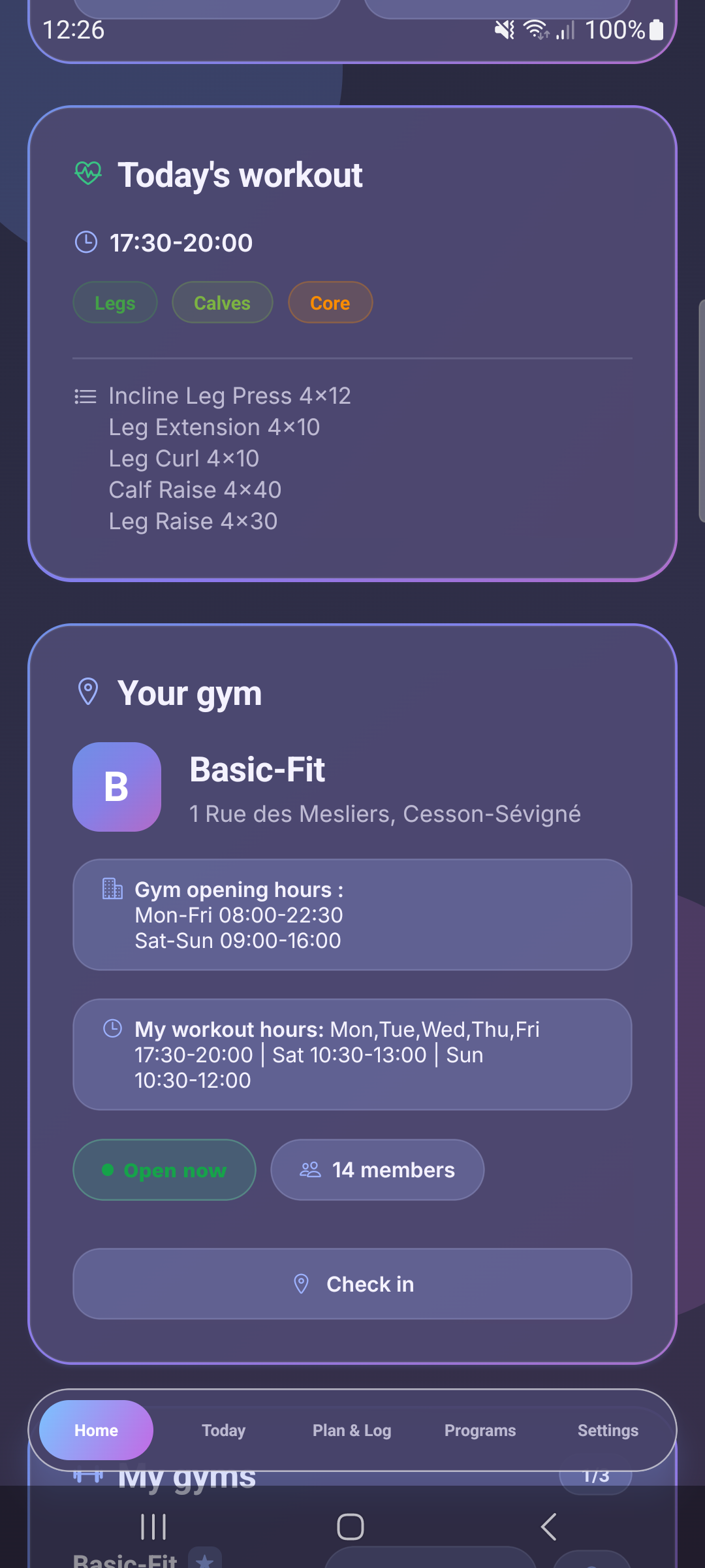 Your Gym Card with Opening Hours