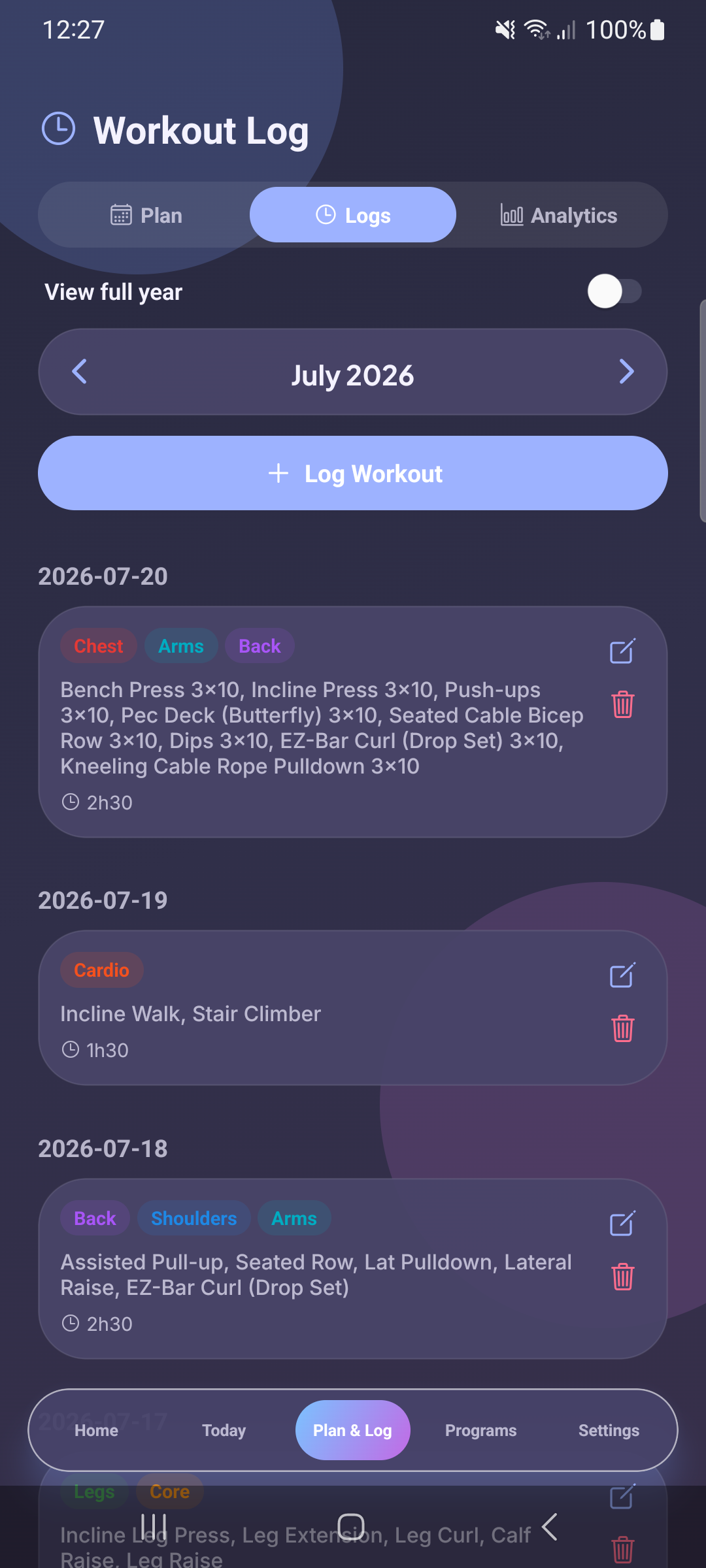 Workout Logs History